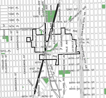 79th/Vincennes TIF district, roughly bounded on the north by 71st Street, 86th Street on the south, the Dan Ryan Expressway on the east, and Peoria Street on the west.